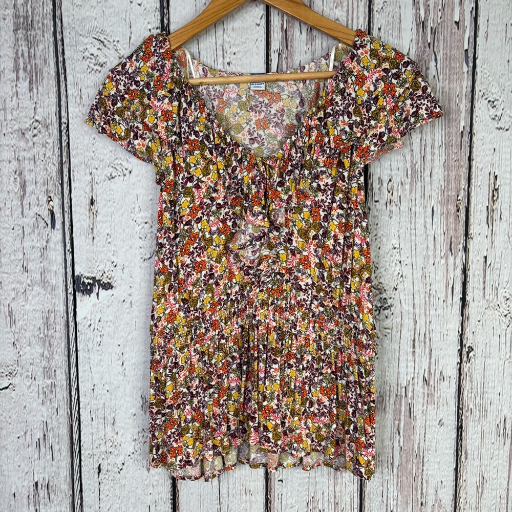 Old Navy Size Large Floral Paisley Print Blouse V-Neck Tie Smocked Ruffle Sleeve